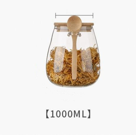 Kitchen Glass Jar Glass Spice Jar Bamboo Wooden Lid Food Storage Container With Spoon