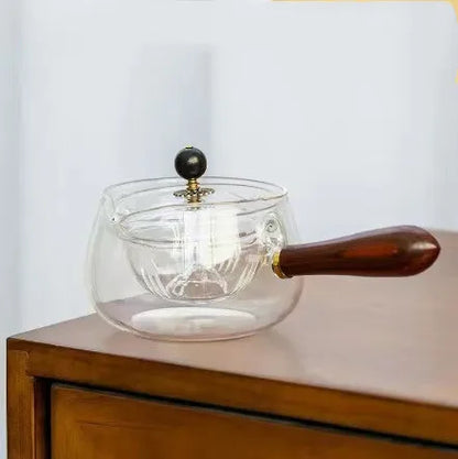 Semi-Automatic Rotary Heat Resistant Glass Teapot Tea Making With Infuser And Wooden Handle Office Home Accessories Kitchen