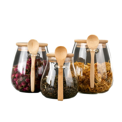 Kitchen Glass Jar Glass Spice Jar Bamboo Wooden Lid Food Storage Container With Spoon