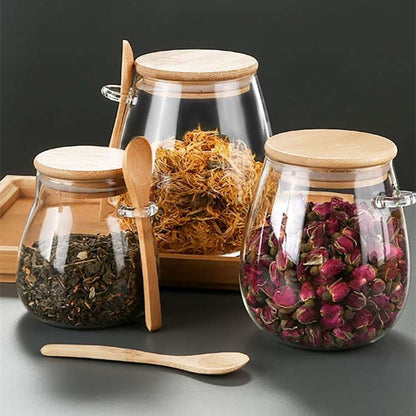 Kitchen Glass Jar Glass Spice Jar Bamboo Wooden Lid Food Storage Container With Spoon